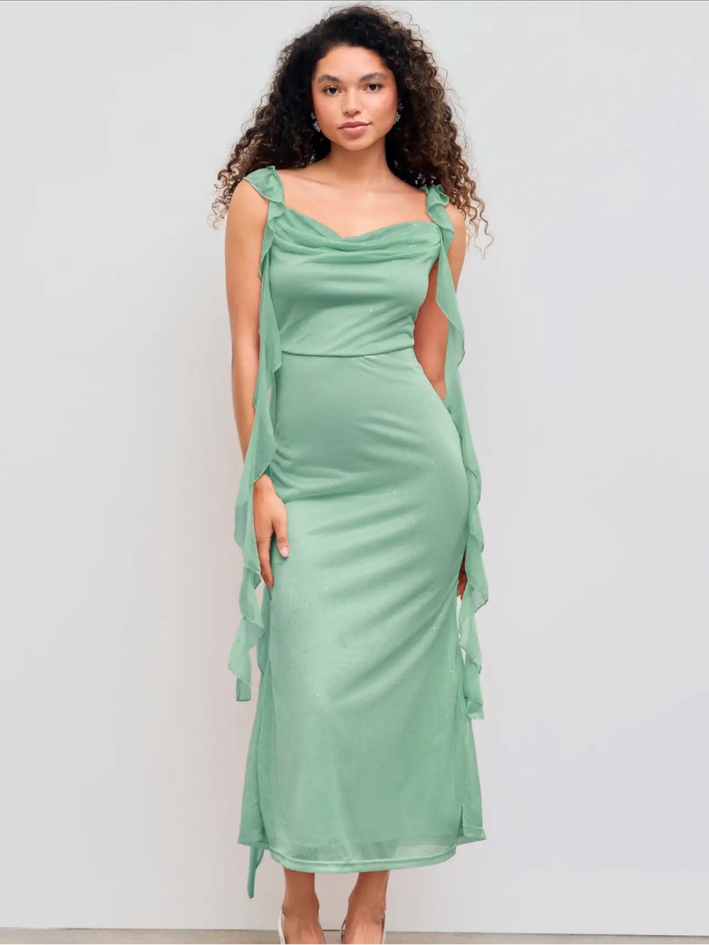 NEW- Cider Cowl Neck Solid Glitter Ruffle Hem Maxi Dress